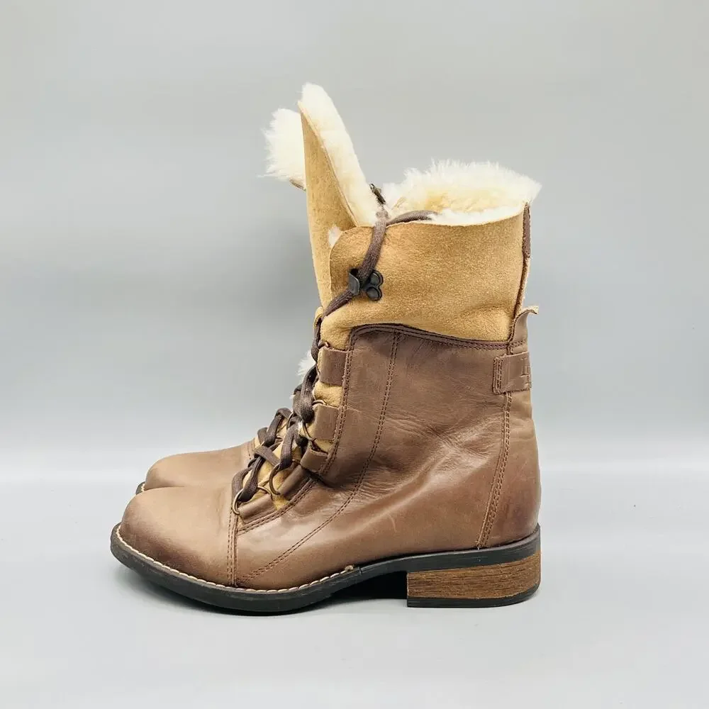 Luxe De León Boots Womens 6.5 Brown Leather Shearling Lace Up Mid Calf Shoes